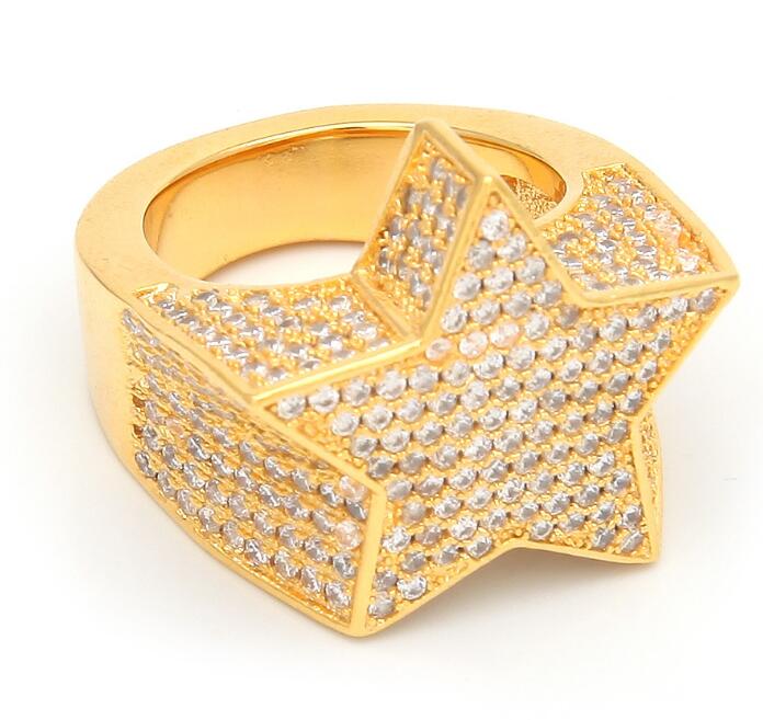 Men's Fashion Copper Gold Silver Color Plated Exaggerate Ring High Quality Iced Out Cz Stone Star Shape Ring Jewelry