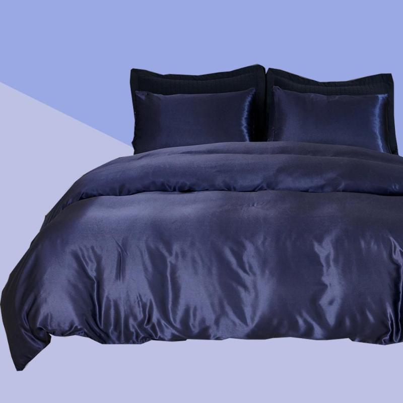 

Navy Bedding Set Satin Silk Luxury Queen King Size Bed Set Quilt Duvet Cover Linens And Pillowcase For Single Double Bedclothes, White