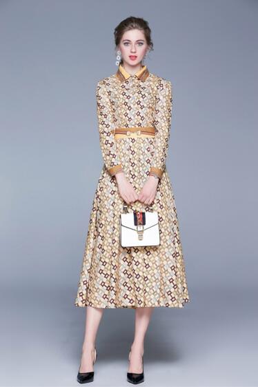 

European and American autumn new women's retro long sleeve lapel chain print waist dress, Blue
