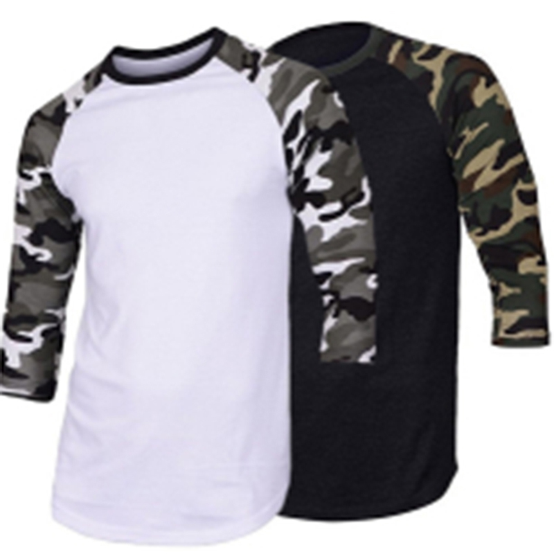 

Spring Summer Camouflage Printing Fashion Shirt Patchwork 3/4 Sleeve O Neck Casual T-shirt For Men Tops Tee C19041602, White green