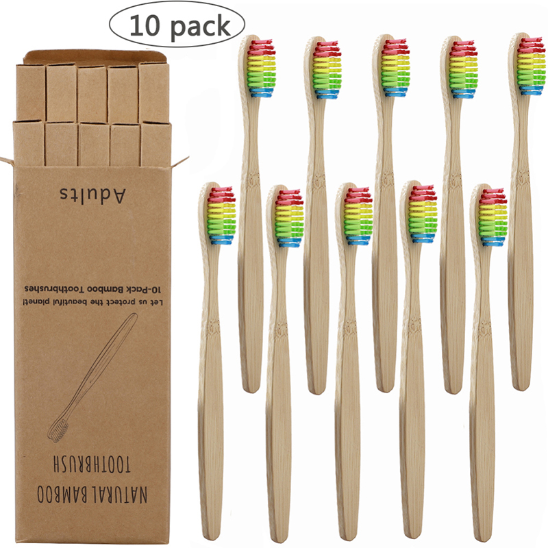 

10Pcs/Lot Toothbrush Eco-Friendly Rainbow Bamboo Soft Fibre Toothbrush Biodegradable Teeth Brush Solid Bamboo Handle Toothbrush