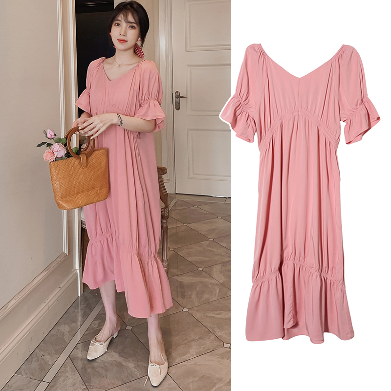 

Summer New Long Dresses Maternity Clothes For Pregnant Women Dress Solid V-neck Pregnancy Dresses Vestidos Mother Wear Clothing, Black