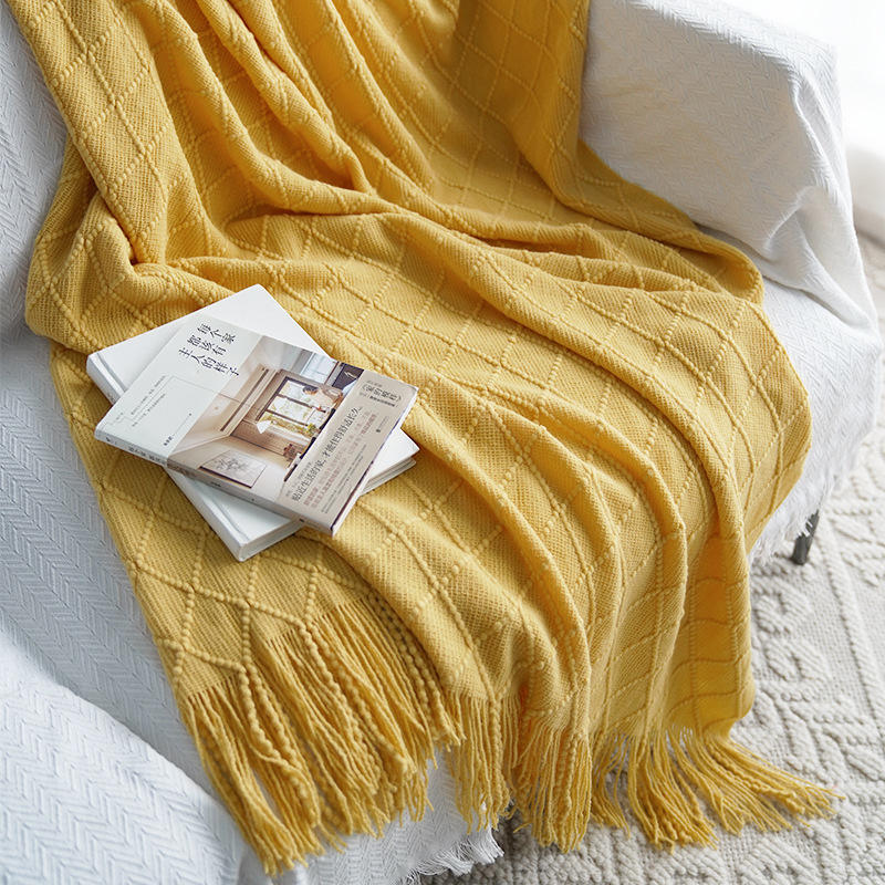 

Cilected Retro Diamond Knit Tassel Blanket Nordic Solid Color Home Sofa Siesta Air Conditioning Cover Blanket Bed Tail Towel