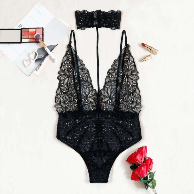 

Women Deep-V Neck Lace Sexy Lingerie With Collar Bodysuit Backless Solid Color Jumpsuit Underwear 1.22, Blue