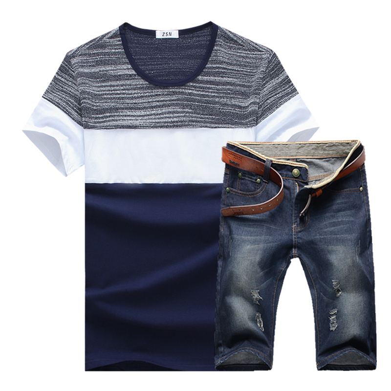 

Men Summer Set Male Summer Polyester O-Neck T-shirt with Denim Shorts Casual Wide-waisted Set Free Shipping, Gray