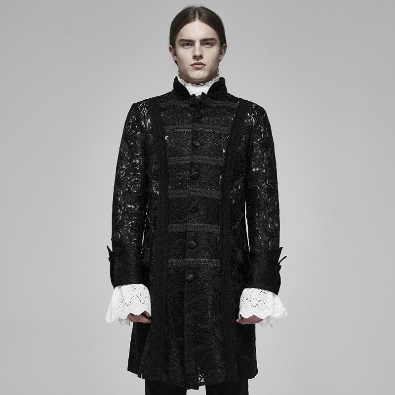 

PUNK RAVE Men' See-through Jacquard Long Coat Retro Lace Mesh Fabric Stand Collar Party Evening Wedding Long Jacket, Black