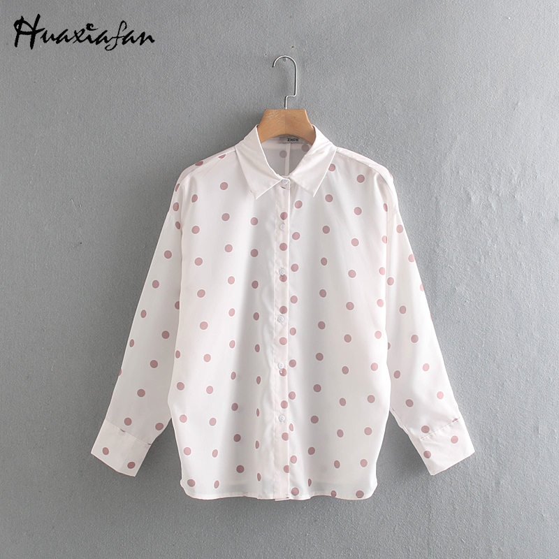 

Huaxiafan women blouse sweet shirt dots print blouse long sleeve turn down collar button female loose shirts office lady tops, White