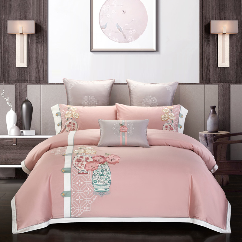 

Embroidery Flowers Duvet Cover Set 600TC Egyptian Cotton 4Pcs Queen King size Bedding set Gray Pink Flat Bed sheet, Color 2