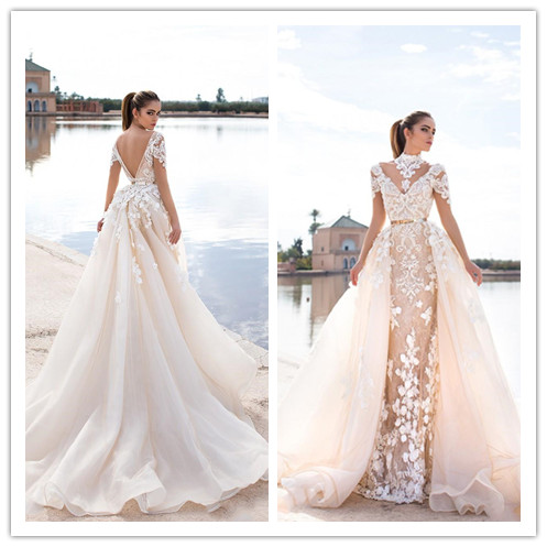 

2019 Ridal Backless Lace Wedding Dresses Sleeves Mermaid Sheer High Neck Trumpet 3D Appliques Overskirt Bridal Gowns With Detachable Train, White