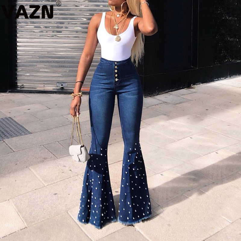 

VAZN Spring Lady Denim Skinny Trousers High Waist Jeans Wide Leg Pants Trousers Casual Jeans Pants For Women, Gray
