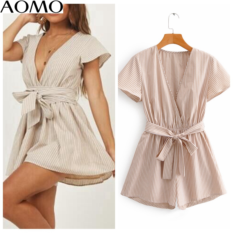 

AOMO Fashion jumpsuits for women 2020 striped print summer playsuit short Sleeve with slash Female sexy beach playsuit 1F121A