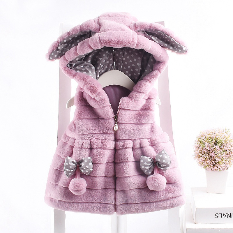 

Warm Winter Girls Kids Coat Children Baby Infants Outwear Bow Ear Hooded Thicken Faux Fur Velvet Waistcoat