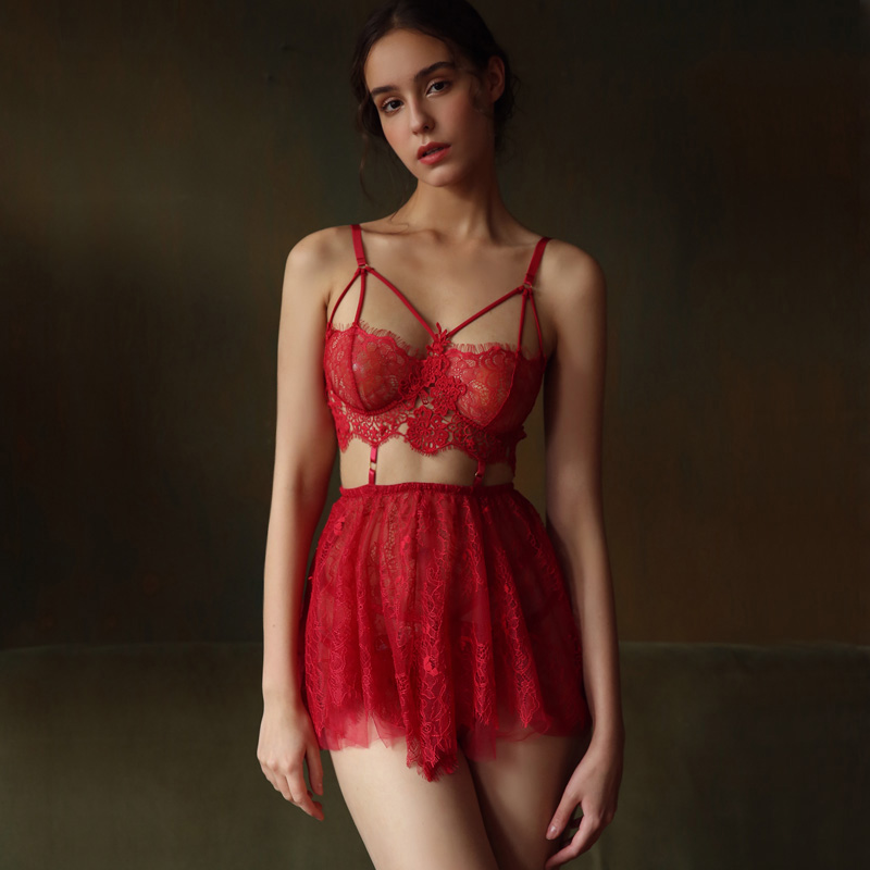 

Women's sexy suspenders nightdress lace see-through chest gather feminine attractive nightdress sleepwear multicolor optional ML, Black