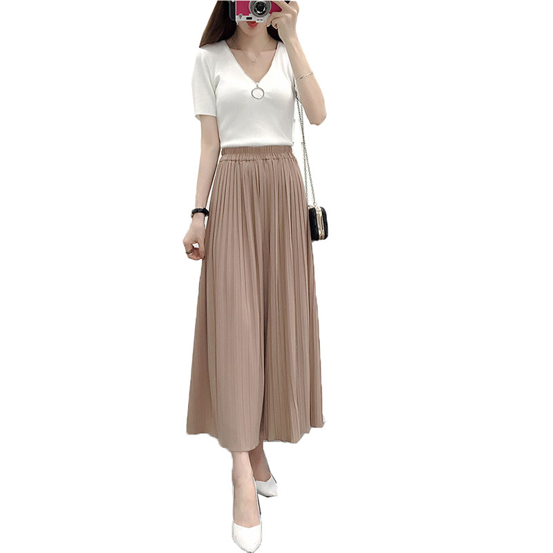 

Women Summer Wide Leg Pants Hight Waist Ruffled Thin Ladies Pants Pleated Chiffon Long Casual Boot Cut Pant Nine Points, Beige