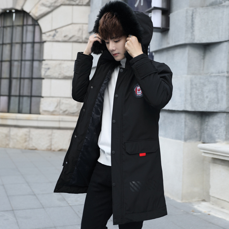 

Winter New Style Men Mid-length Cotton-padded Clothes Men's Korean-style Cotton Coat Large Fur Collar Handsome Warm Long Hooded, Black