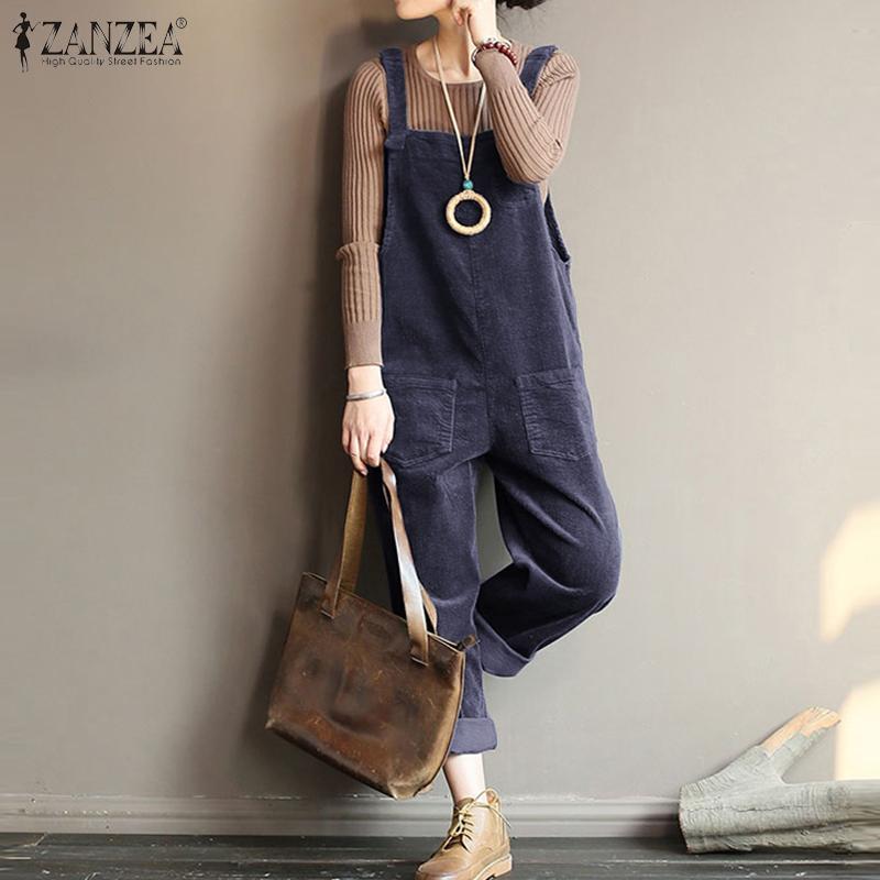 

ZANZEA Vintage Corduroy Jumpsuits Casual Solid Turnip Rompers Women Suspender Long Overalls Playsuits Female Pantalons Pants, Brown