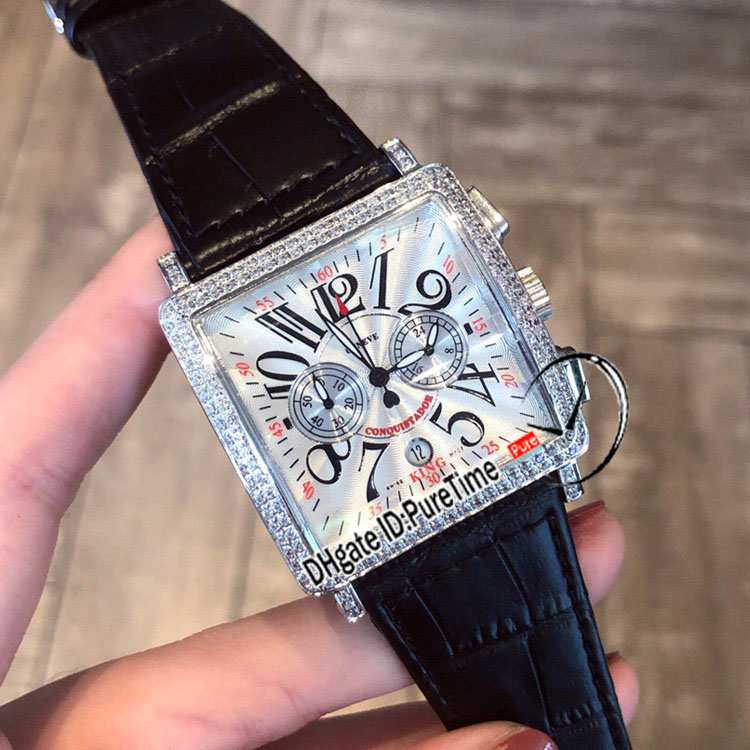 

Color Dreams Conquistador Cortez 10000 Swiss Quartz Chronograph Mens Womens Unisex Watch Diamond Bezel Silver Dial Black Leather Puretime d4, Customized waterproof service
