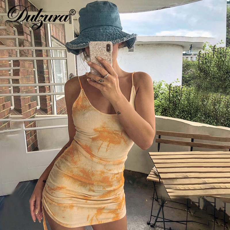 

Dulzura tie dye ribbed drawstring ruched strap women mini dress bodycon sexy 2020 summer clothes party streetwear club outfit, Orange