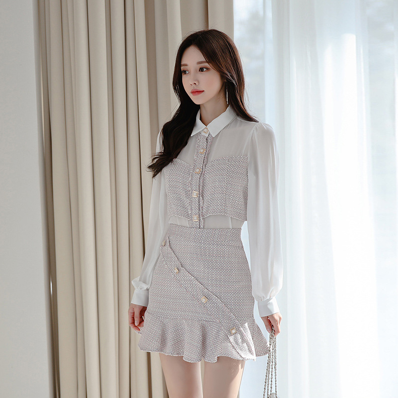 

2020 Women Tweed Patchwork Shirt and Mini Package Hip Wrap Skirt Ladies 2 Piece Spring Winter Korean Style Runway Two Piece Set, Photo color