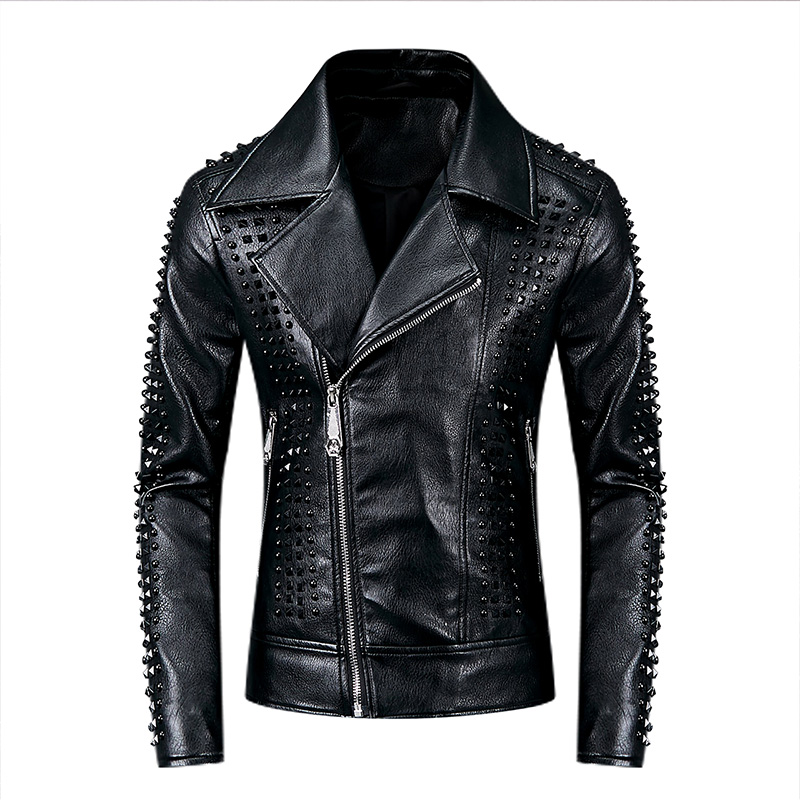 

Spring new leather locomotive wind rivet jacket casual slim leather jacket men, Black