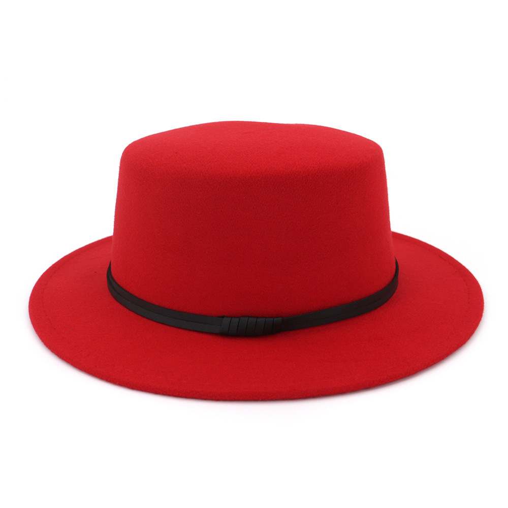 

Fashion Wide Brim Elegant Lady Wool Pork Pie Boater Flat Top Hat for Women's Men's Felt Fedora Gambler Hat Cloche Bowler Hats, Red