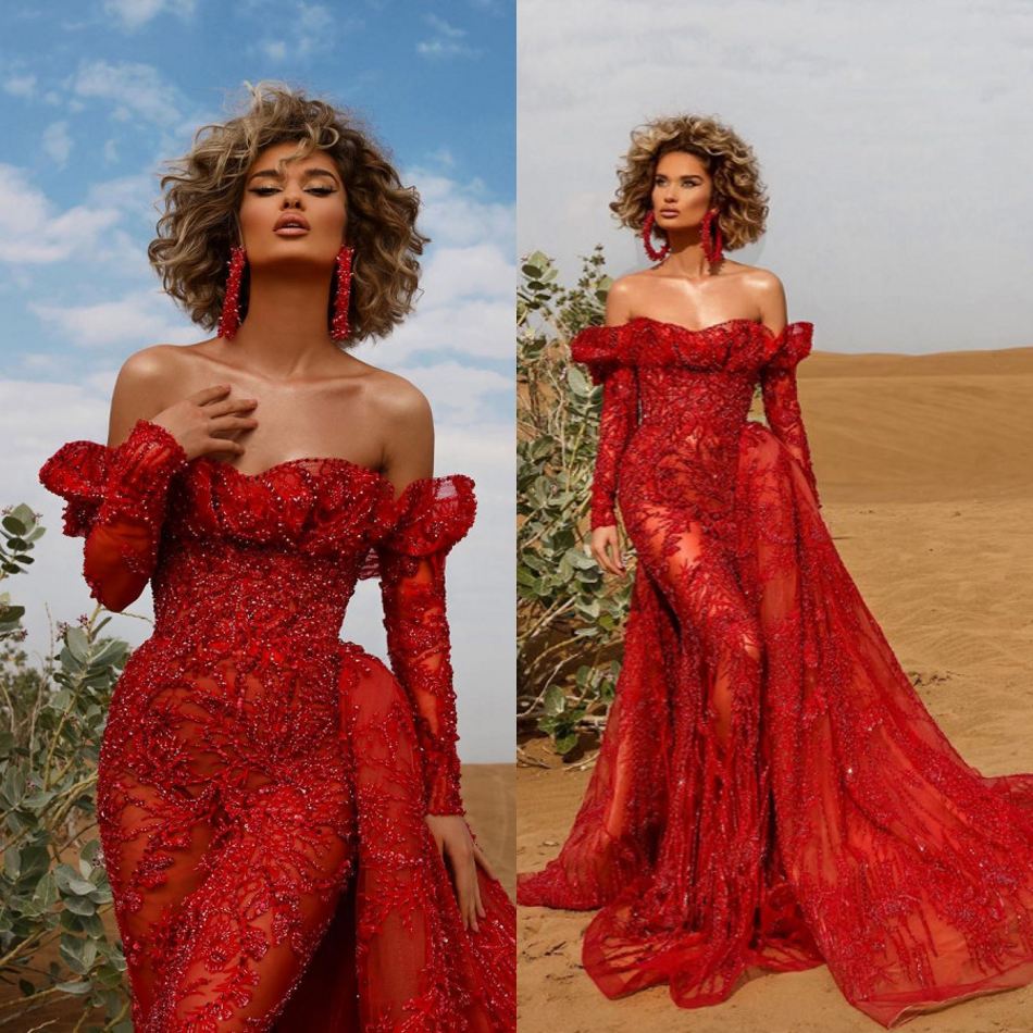 

Elegant Evening Dresses Off Shoulder Long Sleeves Lace Appliques Prom Gowns 2020 Custom Made Sweep Train Special Occasion Dress, White