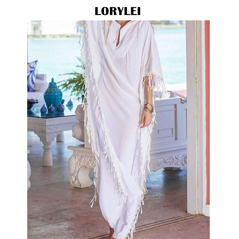 

2020 Sexy V-Neck Batwing Sleeve Fringed Summer Dress White Cotton Tunic Beach Kaftan Women Beachwear Bathing Suit Cover-ups N730