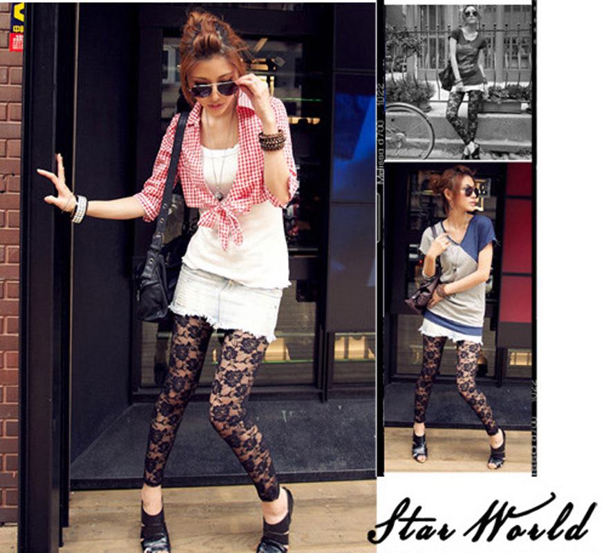 

Fashion Lady Women Froal Flower Gothic Lace See-through Leggings Pants Sexy Fitness Skinny, Black