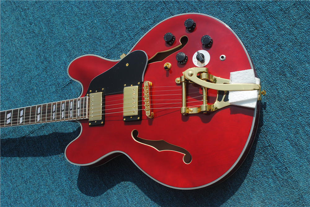 Hot Factory rouge double f trou de guitare guitare de guitare électrique haute qualité sonore, vente directe d'usine, livraison gratuite