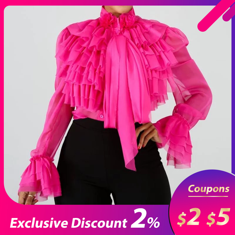 

Plain Falbala Blouse Women Long Sleeve Pink Ruffles Female Tops 2020 Summer Office Lady Elegant Shirts and Blouses, Green