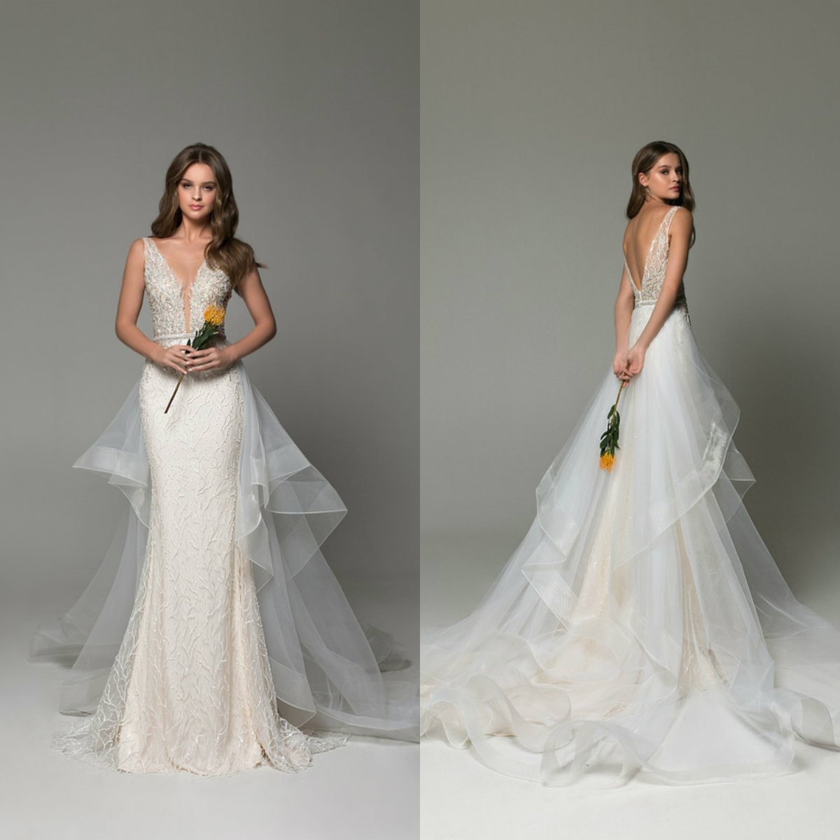 

2020 Backless Mermaid Wedding Dresses With Detachable Train Plunging Neck Beaded Appliqued Country Wedding Gowns Plus Size Lace Bridal Dress, Purple