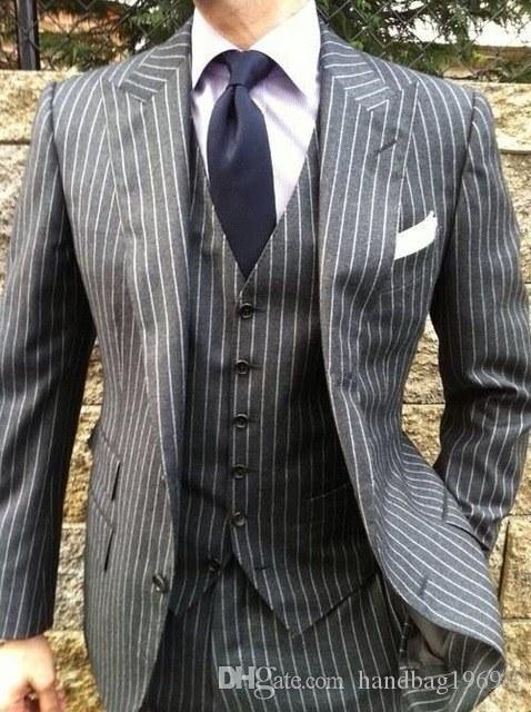 New Arrivals Gray Stripe Man Work Suit Men Business Suits Groom Tuxedos Wedding Psrty Prom Dress Sets (Jacket+Pants+Vest+Tie) D:152