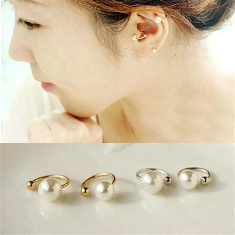 

New Vintage Silver Gold ear cuff fashion women's spring jewelry simple stylish simulated pearl non-pierced Ear clip earrings 2sizes ZS3