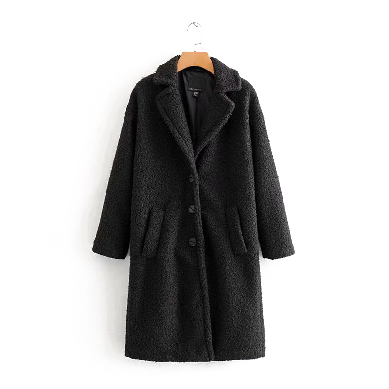 

women Winter streetwear wool long sleeve warm teddy coat Korean Lapel single breasted oversize outwear, Black