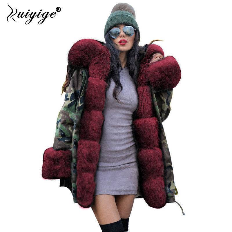 Ruiyige 2018 New Women Winter Coat Red Fur Hooded Jeans Jacket Woman Parkas Winter Long Warm Coats Female Parka Plus Size