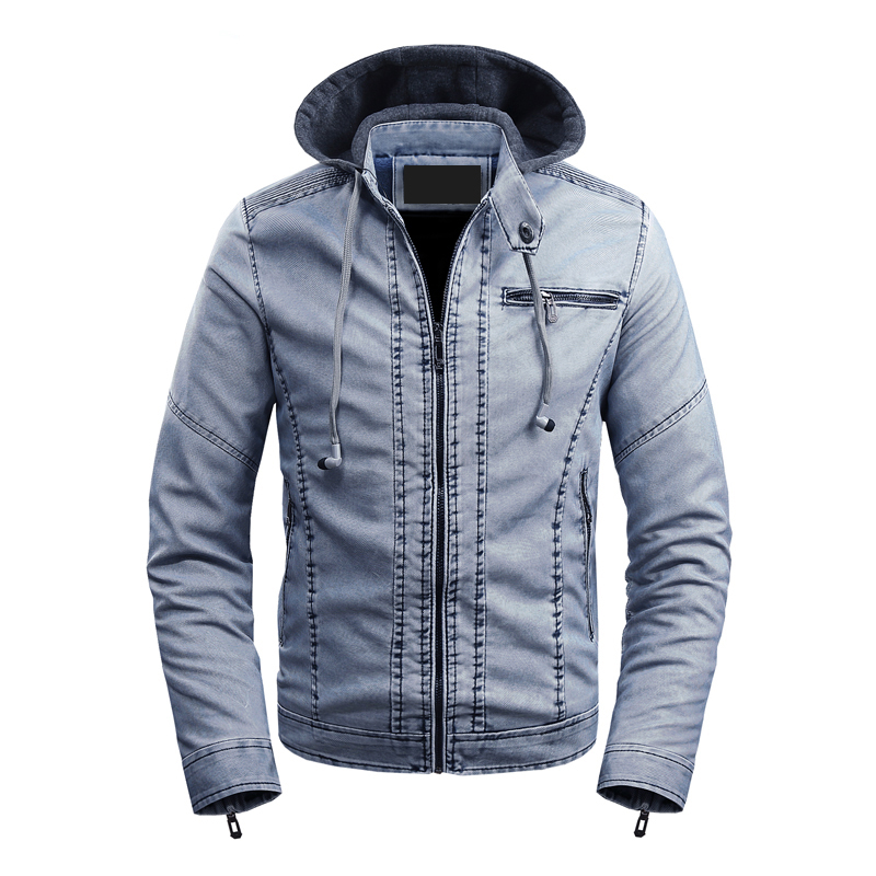 

iSurvivor2020 Men's casual stand collar detachable hat leather jacket plus velvet PU autumn and winter simple fashion jacket, Black