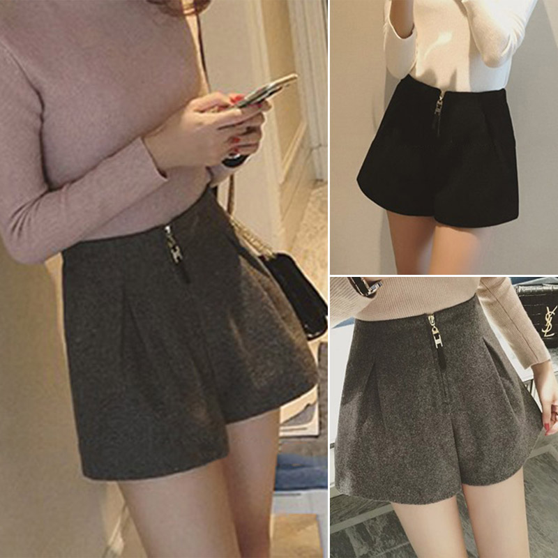 

Women Woolen Wide Leg Shorts Loose High Waist Zipper Casual Solid Color Shorts MUG88, Grey