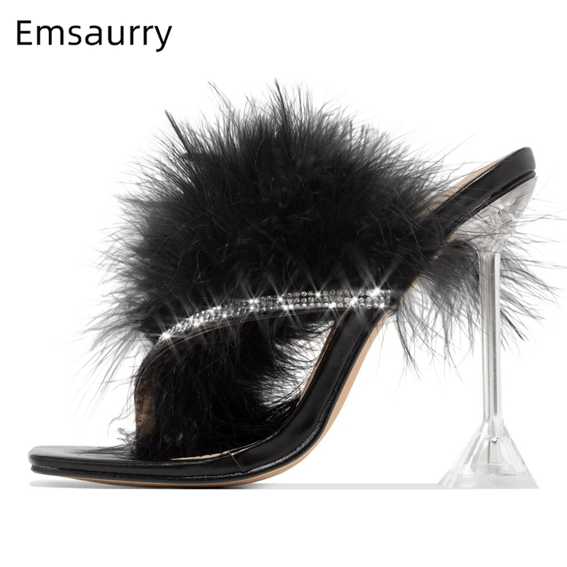 

Sexy Goblet Heel Runway Slippers Women New Summer Flip Flops Jeweled Rhinestone Fur Feather High Heel Shoes Woman, Black