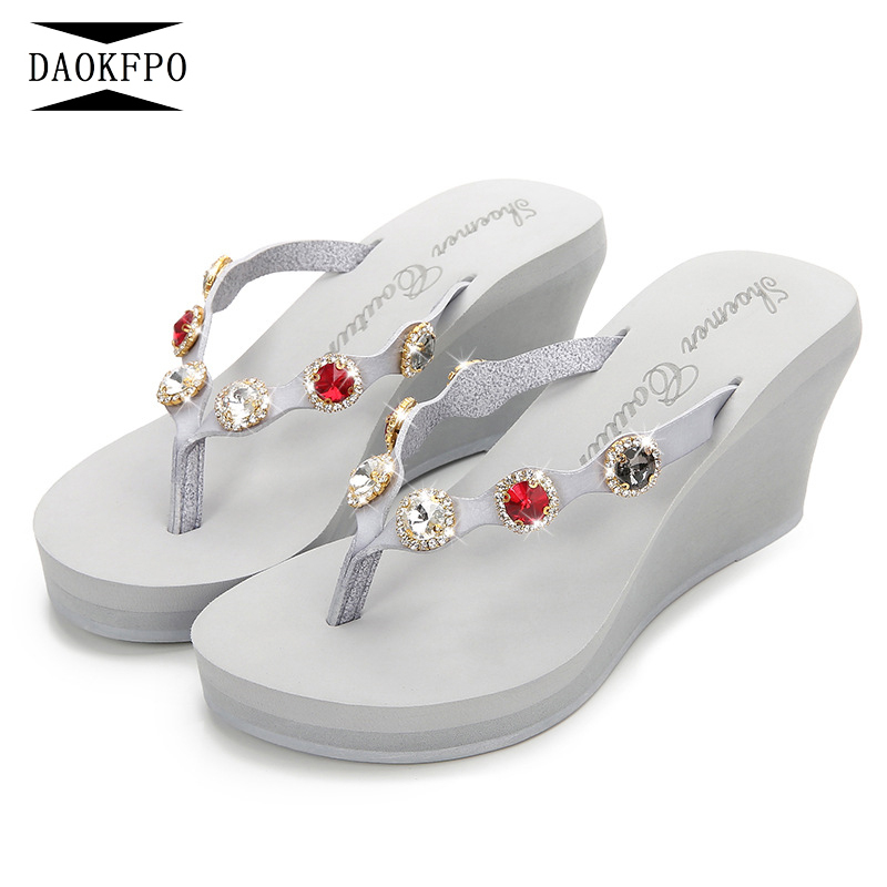 

DAOKFPO New 2018 Summer Wedges Slippers Women High Heels Platform Rhinestone Causal Flip flops Beach Shoes Woman NVT-23, Color 2