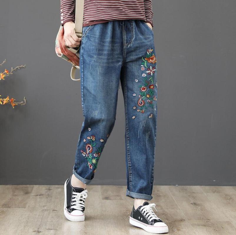 

Jeans Women's 2020 Spring Retro Embroidered flowers Elastic Waist Loose denim Harem Pants Plus Size -3XL r176, Denim blue