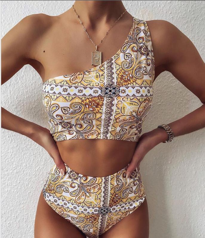 

High Waist Swimsuit 2020 Sexy Bikinis Women Swimwear Vintage Print One Shoulder Bikini Set Bathing Suits Swim Wear Biquini