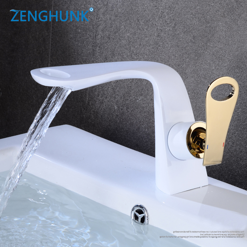 

Bathroom Faucets White and Golden Single Handle Hot Cold Switch Water Mixer Taps Wash Basin Bathroom Deck Mounted Basin Faucets
