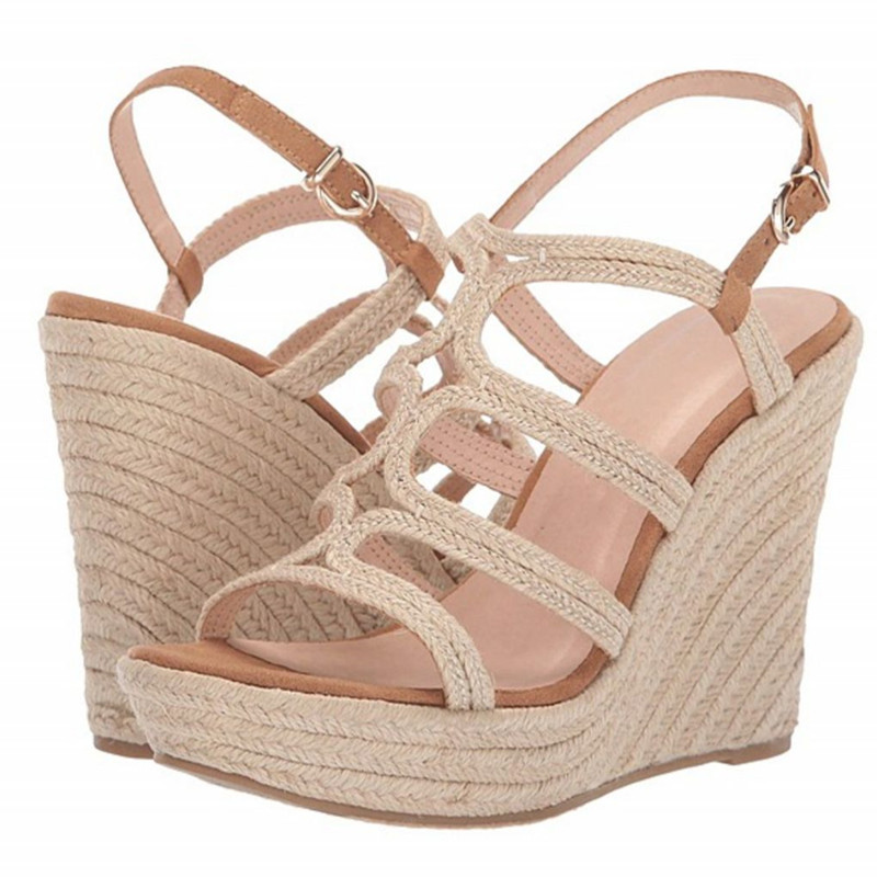 

EPHER Platform Espadrilles Sandals Peep Toe Wedges Heeled Ankle Strap Sandals Braided, Beige