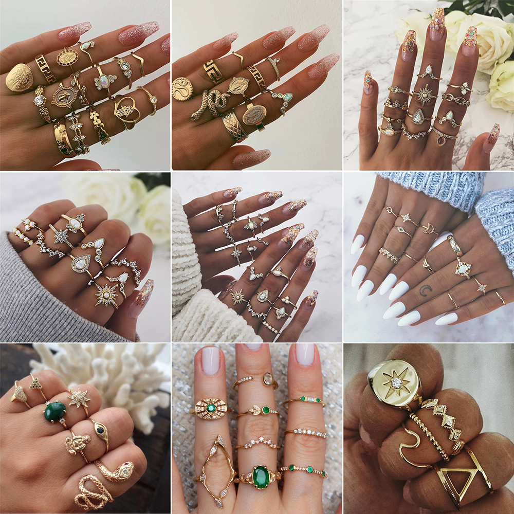 

17 Styles Bohemian Gold Crown Moon Star Snake Cross Water Drops Crystal Ring Set Women Charm Joint Ring Party Wedding Jewelry