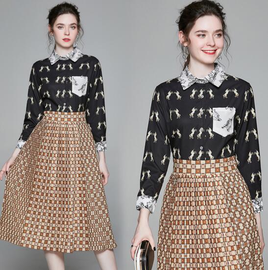 

Spring fashion temperament new printing stitching long-sleeved pleated skirt, Black