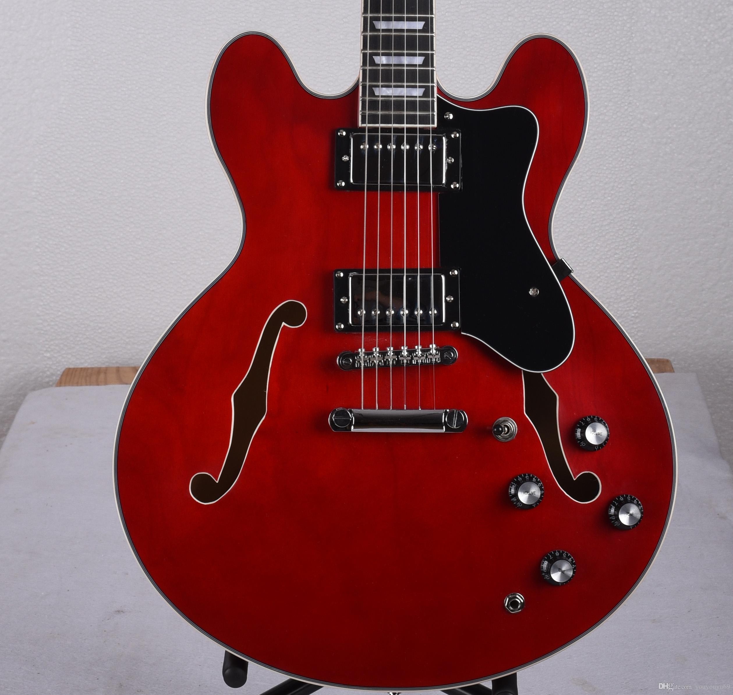 Custom factory wholesale / retail best price, jazz electric guitar semi-hollow cherry red offer customization!