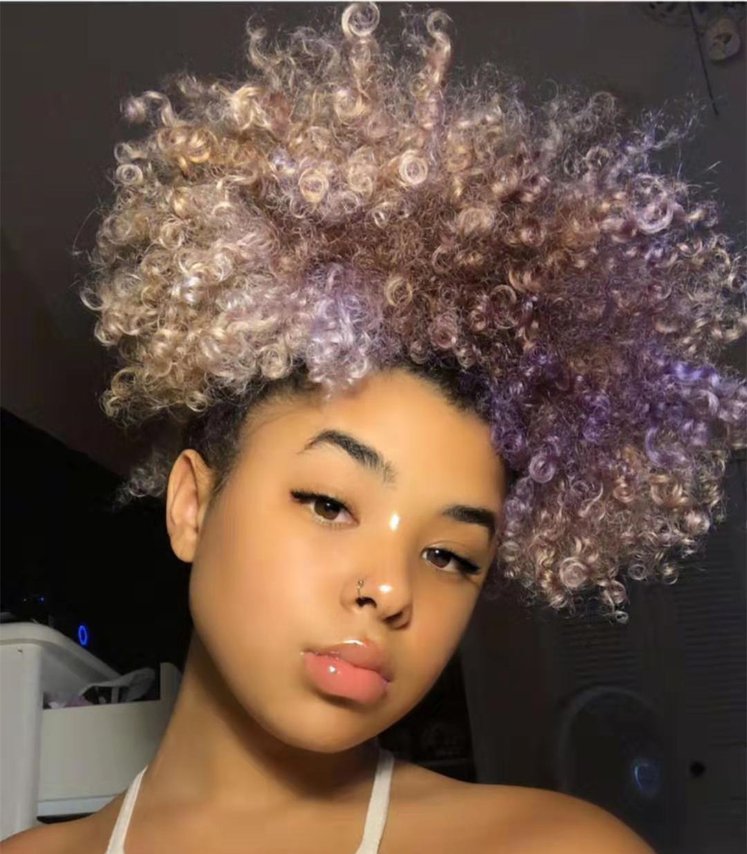 

Natural Curly Salt and pepper purple gray hair piece ,silver grey white grey dyed free natural highlights big afro puff 140g