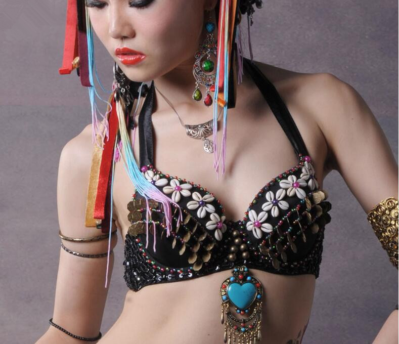 

American Tribal Style Belly Dance Crop Top Bra With Coins And Shells Outfits Black S M L Free Shipping