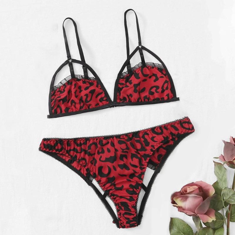 

Leopard Print Woman Sexy Set Erotic Lace Lingerie Underwear Sleepwear Underwear Satin Lingerie Bielizna Erotyczna Set, Red
