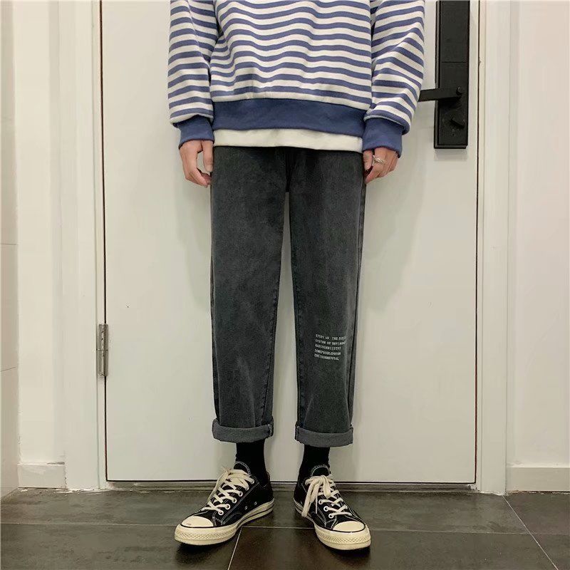 

2020 Men' Letter Printing Loose Straight Pants Baggy Homme Casual Pants Cargo Pocket Jeans Washed Tide Biker Denim Trousers, Blue